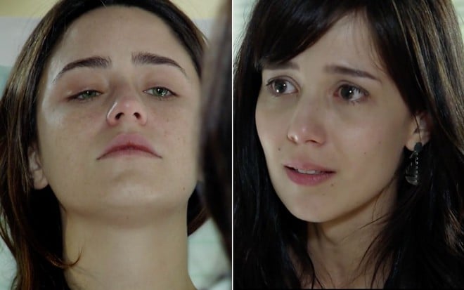 Montagem com a atriz Fernanda Vasconcellos como Ana deitada em um cama de hospital, com olhos abertos, à esquerda e a atriz Marjorie Estiano como Manuela à direita em cena de A Vida da Gente