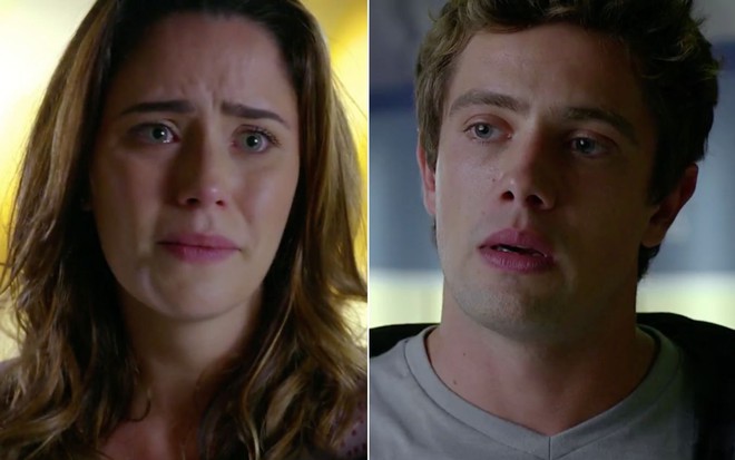 Montagem com a atriz Fernanda Vasconcellos como Ana à esquerda e o ator Rafael Cardoso como Rodrigo à direita, ambos em cena de A Vida da Gente