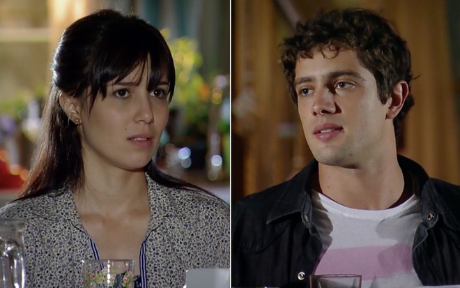 Montagem com a atriz Marjorie Estiano à esquerda como Manuela e o ator Rafael Cardoso à direita como Rodrigo em cenas de A Vida da Gente