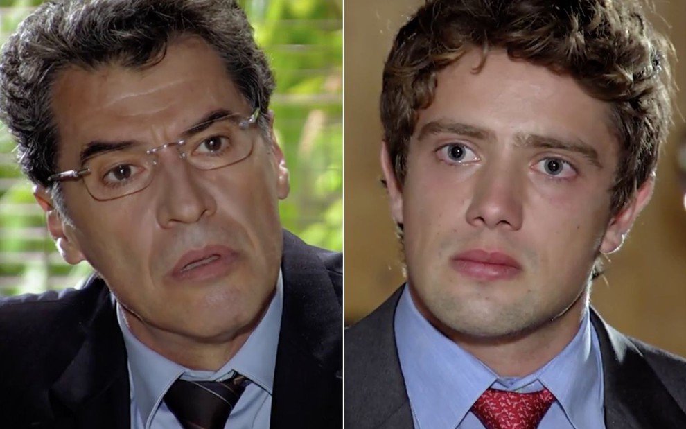 Montagem com Paulo Betti à esquerda como Jonas e Rafael Cardoso à direita como Rodrigo, ambos em cenas de A Vida da Gente