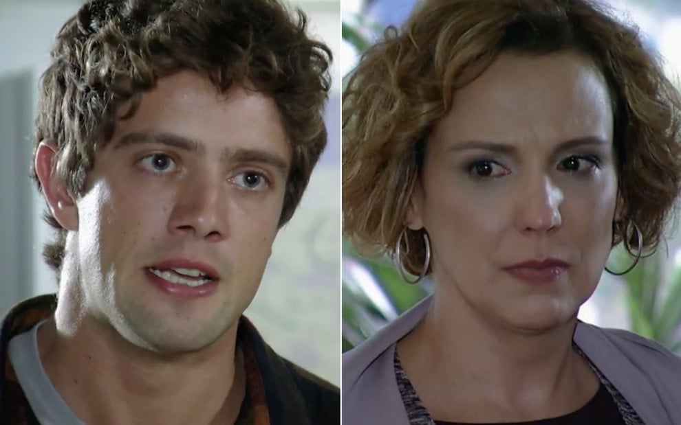 Montagem como o ator Rafael Cardoso como Rodrigo à esquerda e a atriz Ana Beatriz Nogueira como Eva à direita, ambos com expressões raivosas, em cenas de A Vida da Gente