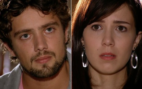Montagem com o ator Rafael Cardoso à esquerda como Rodrigo e a atriz Marjorie Estiano à direita como Manuela em cena de A Vida da Gente