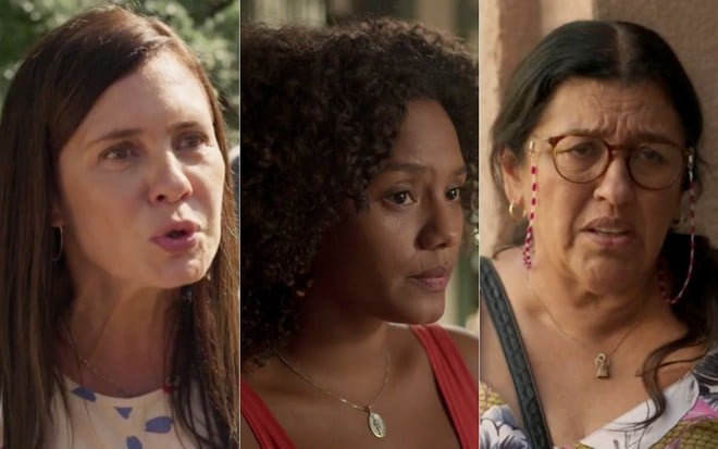 Montagem das atrizes Adriana Esteves, Regina Casé e Jéssica Ellen em cenas de Amor de Mãe, novela das nove da Globo