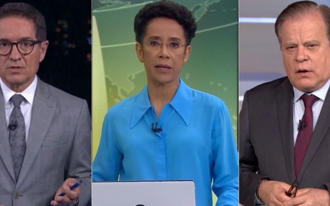 os jornalistas Carlos Tramontina, Zileide Silva e Chico Pinheiro em estúdios de telejornais da TV Globo