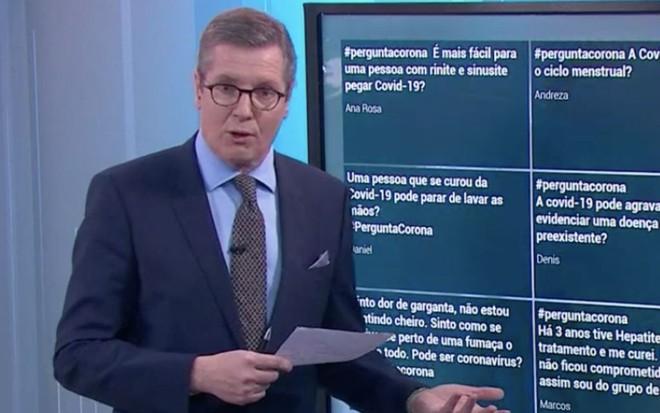 O apresentador Márcio Gomes no programa Combate ao Coronavírus desta terça-feira (12), na Globo