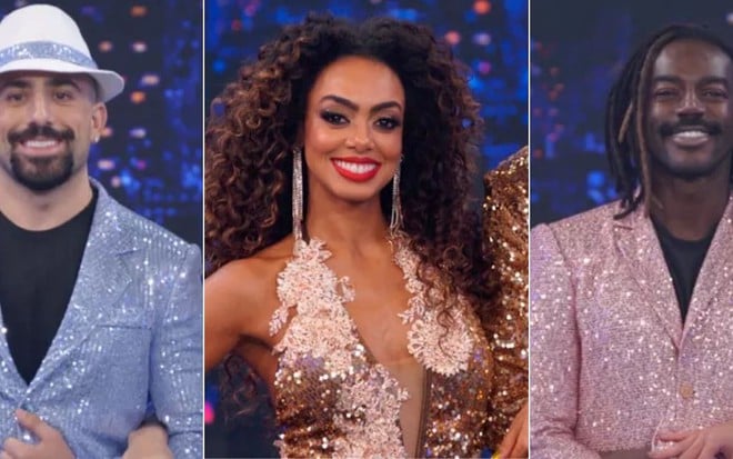 Uma montagem com os atores Kaysar Dadour, Dandara Mariana e Jonathan Azevedo com o figurino do ritmo Samba na Dança dos Famosos