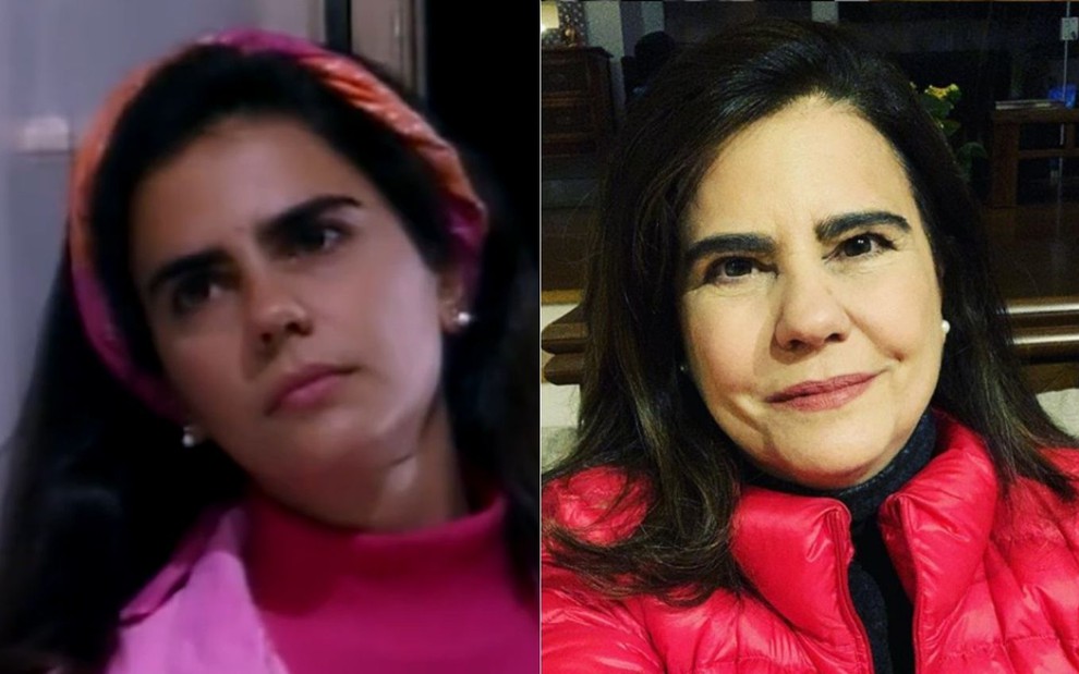 Montagem de fotos com a atriz Mayara Magri na série Delegacia de Mulheres (à esquerda, em 1990) e atualmente (à direita)