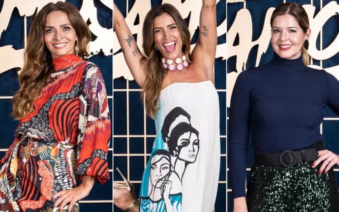 Montagem com Claudia Ohana à esquerda, Maria Joana ao centro e Mariana Santos à direita, todas as três na frente de um backdrop com a logo da Dança dos Famosos