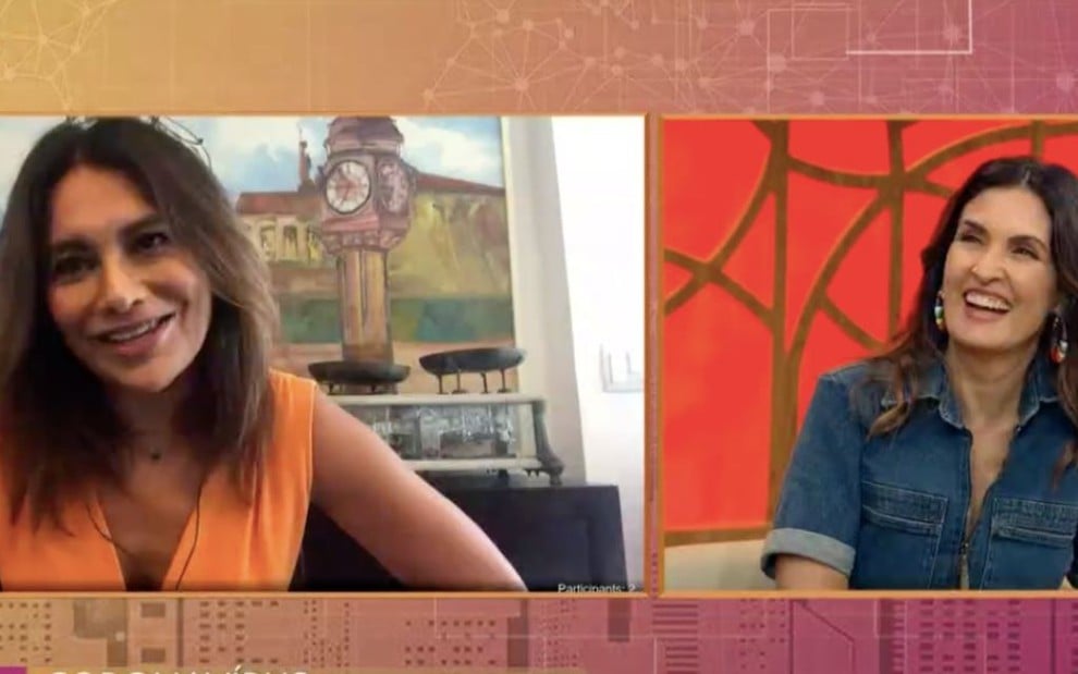 A atriz Dira Paes em entrevista, por videochamada, à Fátima Bernardes (dir.) no Encontro desta terça (21), na Globo