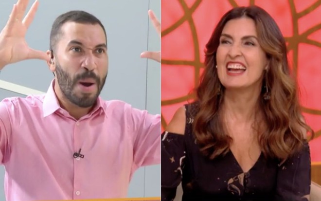 Montagem de fotos com Gilberto Nogueira (à esquerda) e Fátima Bernardes (à direita) no programa Encontro de segunda-feira (10) na Globo