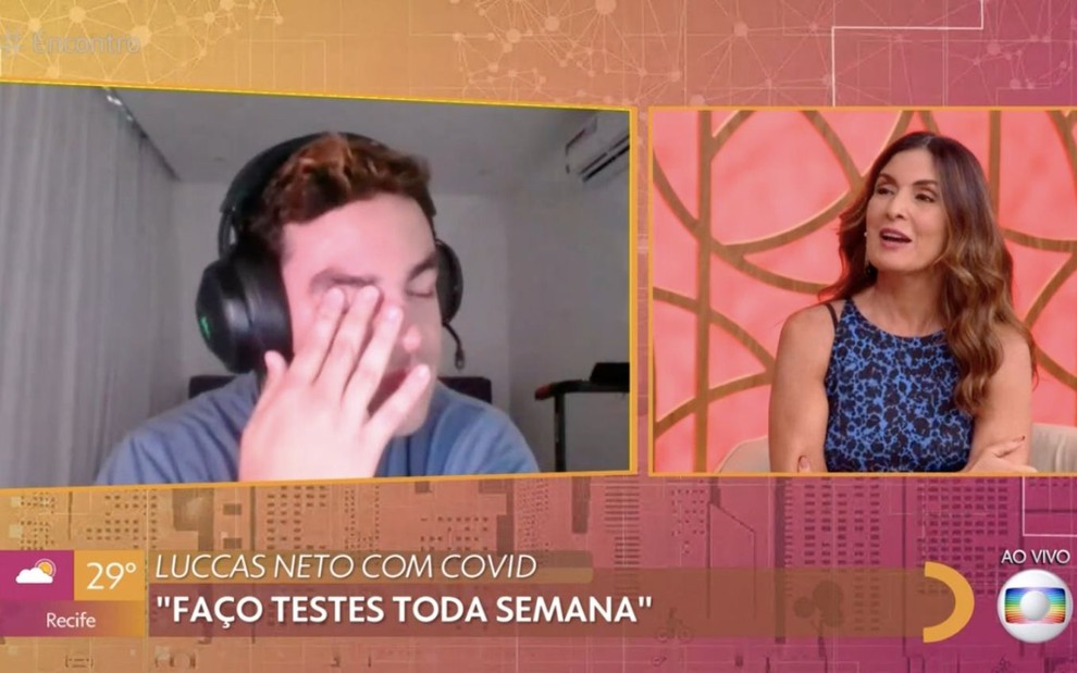 Luccas Neto chorando em chamada de vídeo no Encontro com Fátima Bernardes