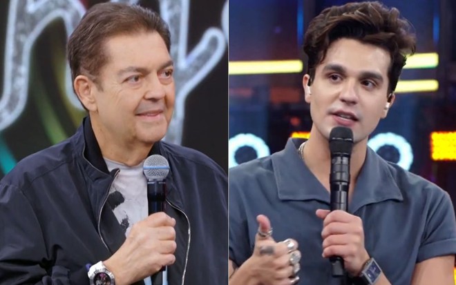 Montagem de fotos com Fausto Silva e Luan Santana no palco do Domingão do Faustão, da Globo