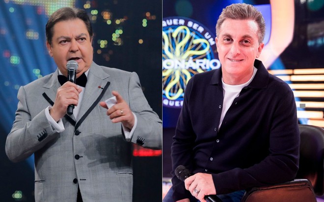 Montagem com Fausto Silva e Luciano Huck no Domingão do Faustão e no Caldeirão do Huck, respectivamente