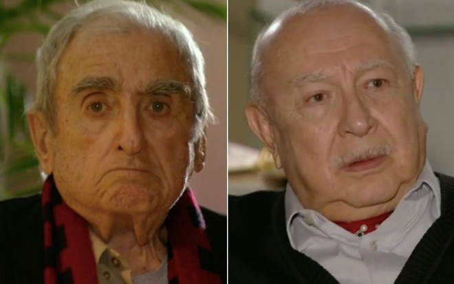 Montagem com o ator Elias Gleizer como Manolo à esquerda e Sérgio Mamberti como Dionísio à direita em cena de Flor do Caribe