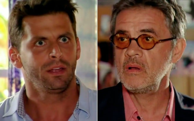 Montagem com Henri Castelli como Cassiano à esquerda e Jean Pierre Noher como Duque à direita ambos em cena de Flor do Caribe