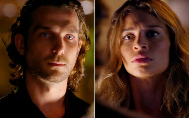 Montagem com o ator Igor Rickli como Alberto à esquerda e a atriz Grazi Massafera como Ester à esquerda em cena de Flor do Caribe