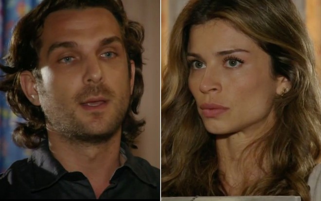 Montagem com Igor Rickli como Alberto à esquerda e Grazi Massafera como Ester em cena de Flor do Caribe