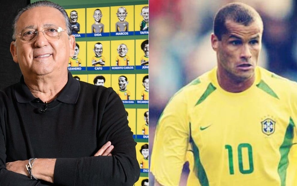 Montagem de fotos com Galvão Bueno, narrador da Globo, e Rivaldo, ex-jogador da Seleção Brasileira