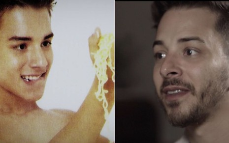 Montagem de fotos com o cantor Junior como foto do ensaio com macarrão instantâneo (à esquerda) e no documentário Sandy e Junior: A História (à direita)