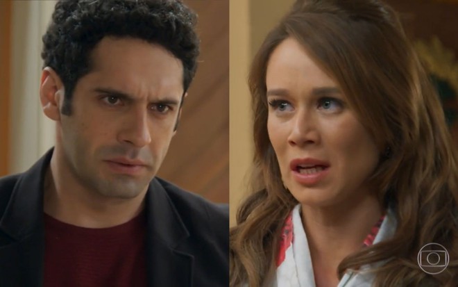 Montagem dos atores João Baldasserini e Mariana Ximenes como Beto e Tancinha em Haja Coração, da Globo