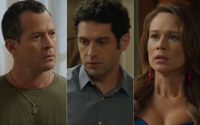 Os personagens Apolo (Malvino Salvador, à esq.), (João Baldasserini, ao centro) e Tancinha (Mariana Ximenes, à dir.) em cena de Haja Coração, da Globo