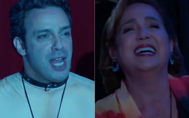 Montagem de fotos com os personagens Agilson (Marcelo Médici, à esquerda) e Lucrécia (Claudia Jimenez, à direita) em cenas da novela Haja Coração, da Globo