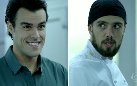Montagem dos atores Joaquim Lopes, sorrindo com camisa azul, e Rafael Cardoso, com roupa de cozinheiro como Enrico e Vicente