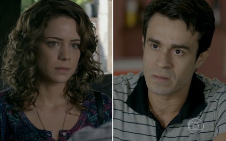 Montagem dos atores Leandra Leal, com expressão séria, e Erom Cordeiro, decepcionado como Cristina e Fernando de Império
