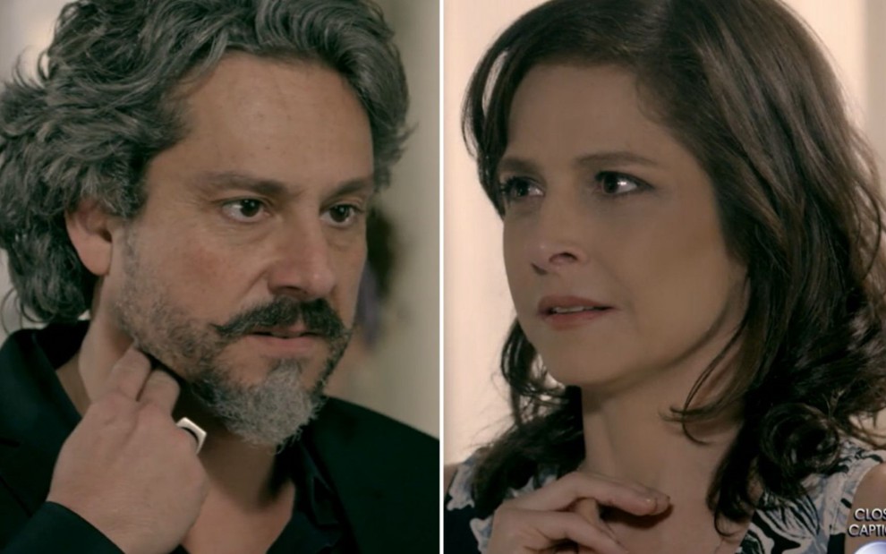 Montagem dos atores Alexandre Nero, com olhar de desprezo, e Drica Moraes, amedrontada, como José Alfredo e Cora em Império