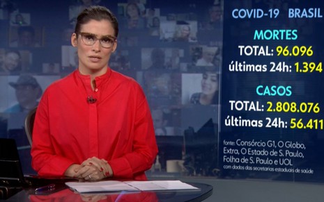 A apresentadora Renata Vasconcellos, com uma camisa social vermelha, apresenta o Jornal Nacional ao lado do contador de vítimas do coronavírus