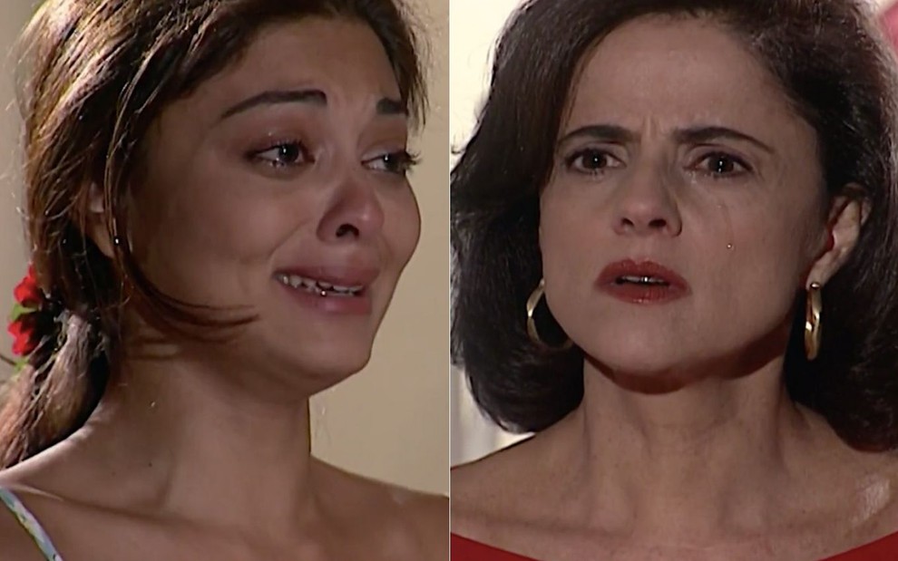 Montagem das atrizes Juliana Paes e Marieta Severo em cena de Laços de Família como as personagens Rita e Alma, ambas choram
