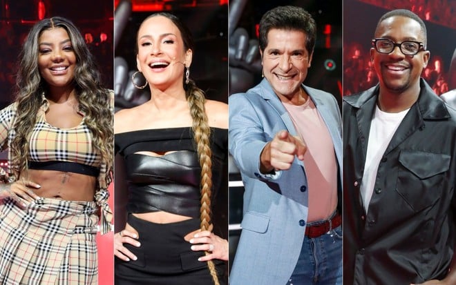 Montagem de fotos com Ludmilla, Claudia Leitte, Daniel e Mumuzinho no estúdio do The Voice+