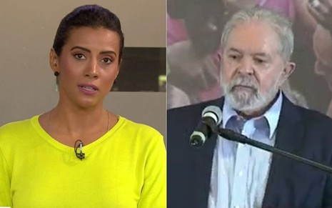 Montagem de fotos com Aline Midlej na GloboNews e Luiz Inácio Lula da Silva em discurso em São Paulo