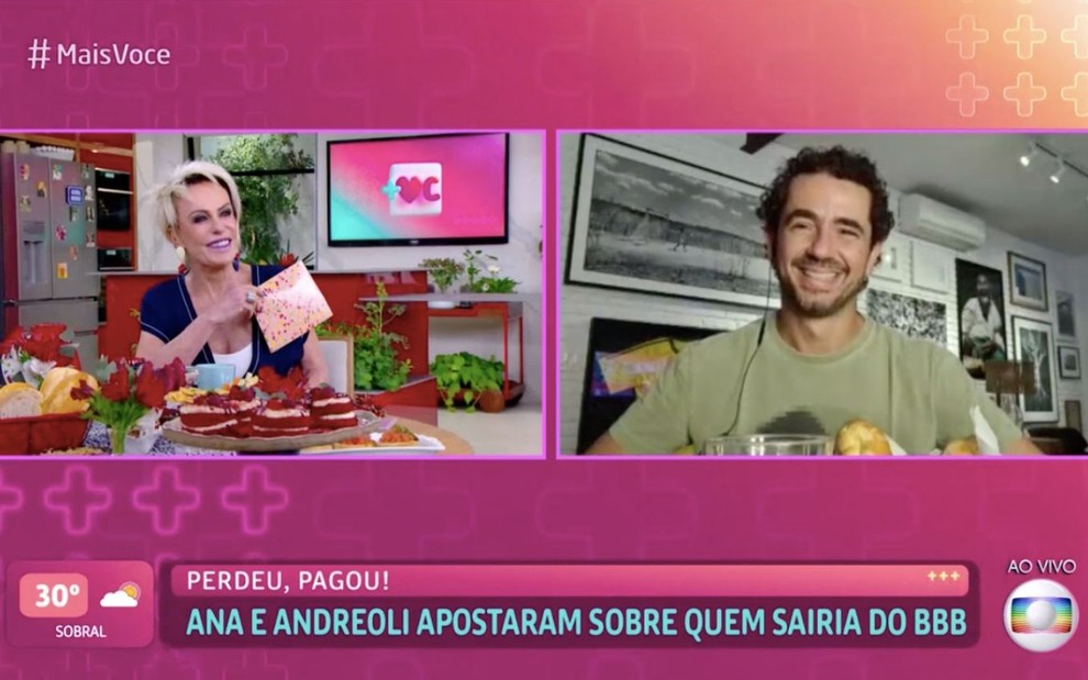 A apresentadora Ana Maria Braga (à direita) segura envelope e conversa com o apresentador Felipe Andreoli (à direita) durante Mais Você, da Globo