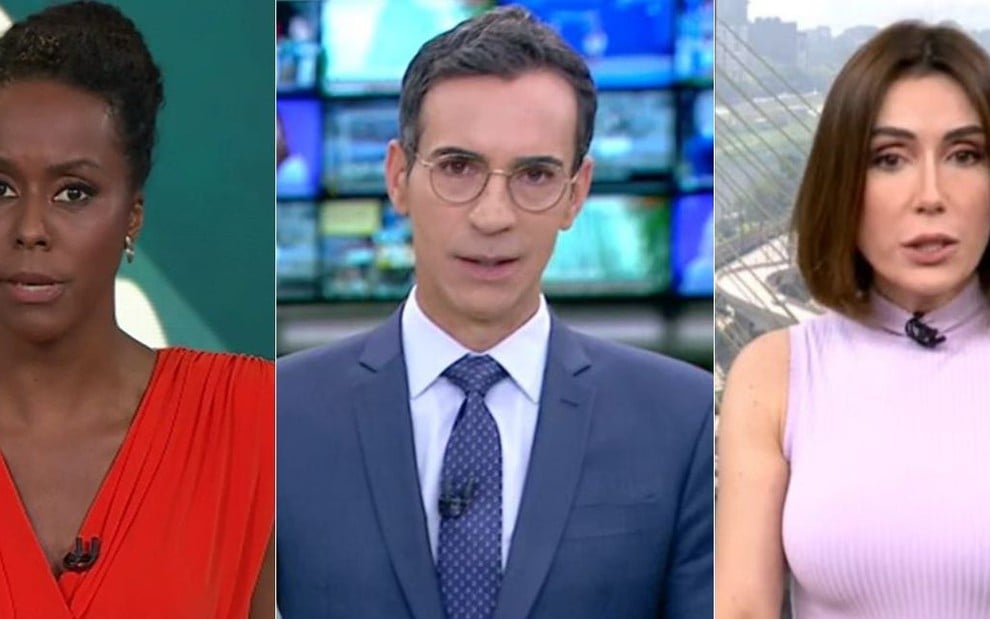 Montagem com fotos dos apresentadores Maria Júlia Coutinho no Fantástico, César Tralli no Jornal Hoje e Michelle Barros no SP1