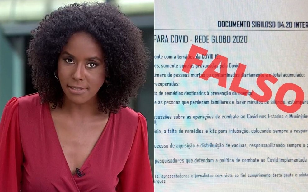 Montagem de fotos com Maju Coutinho no Jornal Hoje e documento falso da Globo