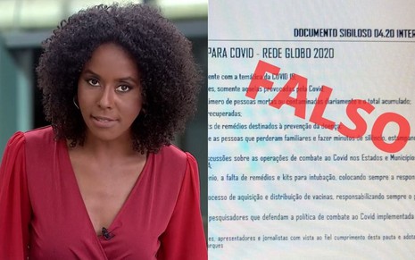 Montagem de fotos com Maju Coutinho no Jornal Hoje e documento falso da Globo