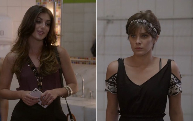 Montagem das atrizes Anaju Dorigon e Isabella Santoni, de vestido preto e tiara, como Jade e Karina em Malhação Sonhos