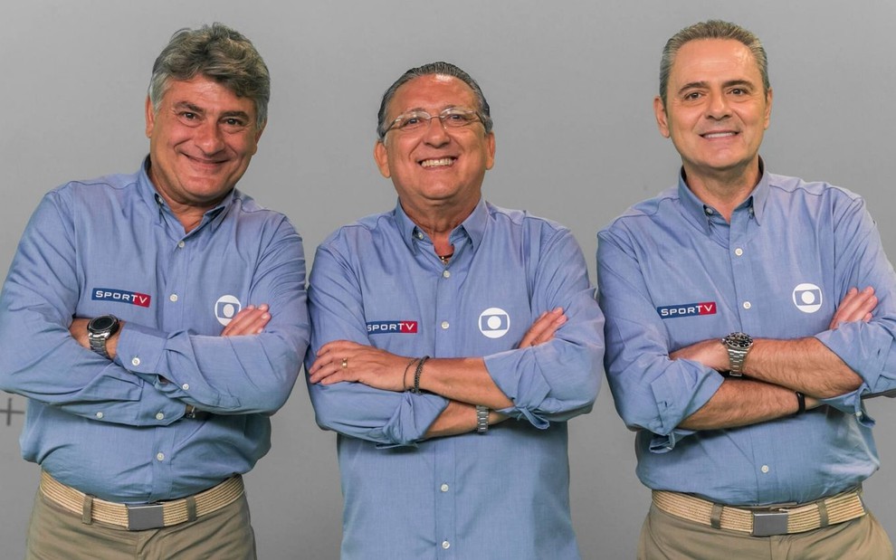 Os narradores Cleber Machado, Galvão Bueno e Luis Roberto em foto de divulgação para a Copa do Mundo 2018