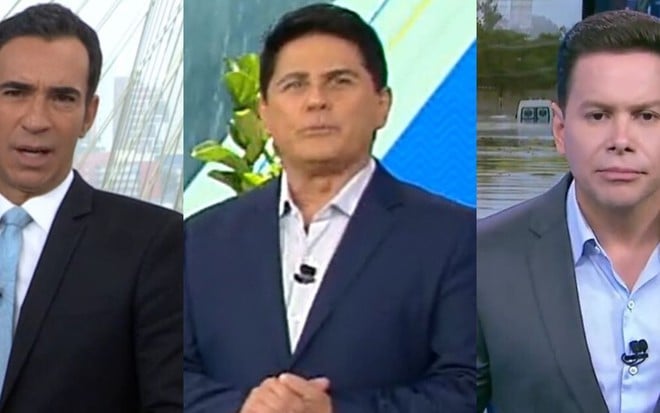 Montagem de fotos com César Tralli (Globo), Cesar Filho (Record) e Marcão do Povo (SBT)