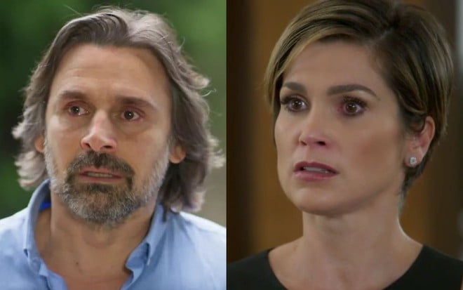 Os atores Murilo Rosa e Flávia Alessandra, com expressão de espanto, em cena como Mário e Helena em Salve-se Quem Puder