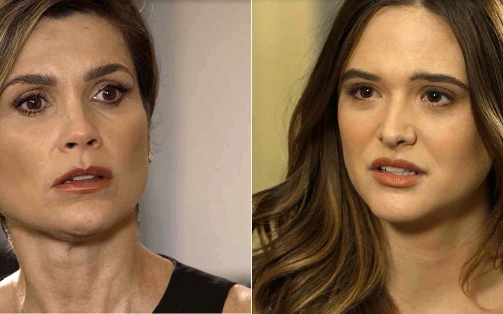 Montagem com fotos das atrizes Flávia Alessandra e Juliana Paiva, caracterizadas como suas personagens em Salve-se Quem Puder