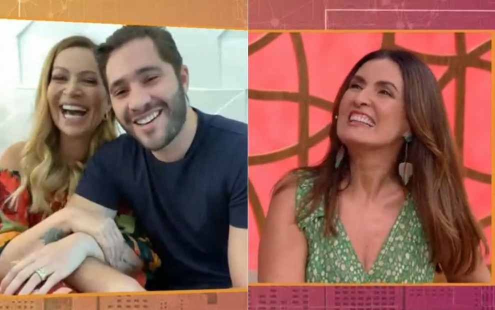Solange Almeida e o namorado Monilton Moura em chamada de vídeo com a sorridente Fátima Bernardes