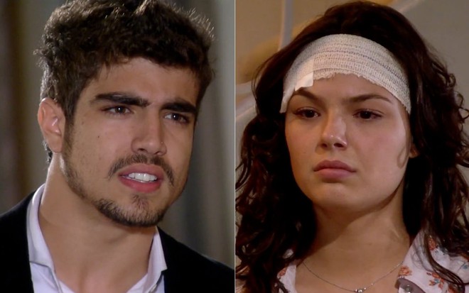 Montagem com os atores Caio Castro e Isis Valverde em cenas de Ti Ti Ti, novela reprisada pela Globo