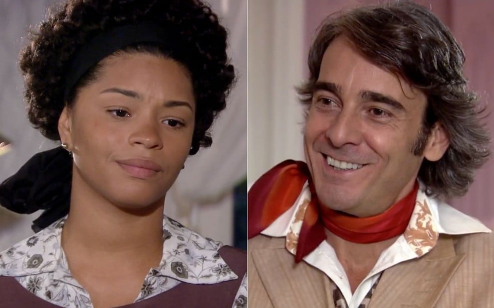 Montagem com os atores Juliana Alves e Alexandre Borges em cena de Ti Ti Ti, reprise da Globo