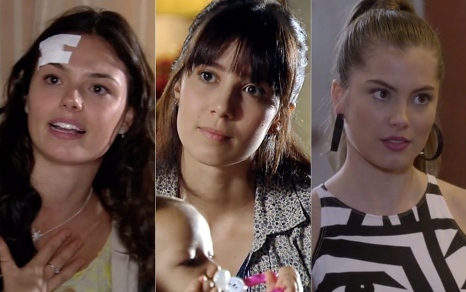 Montagem de fotos com as atrizes Isis Valverde, Marjorie Estiano e Bruna Hamú nas novelas da Globo Ti Ti Ti, A Vida da Gente e Malhação, respectivamente