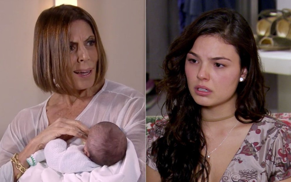 Montagem das atrizes Mila Moreira, segurando um bebê, e Isis Valverde em cena de Ti Ti Ti, novela que a Globo reprisa