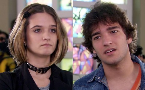 Montagem com os atores Juliana Paiva e Humberto Carrão em cena de Ti Ti Ti, reprise da Globo