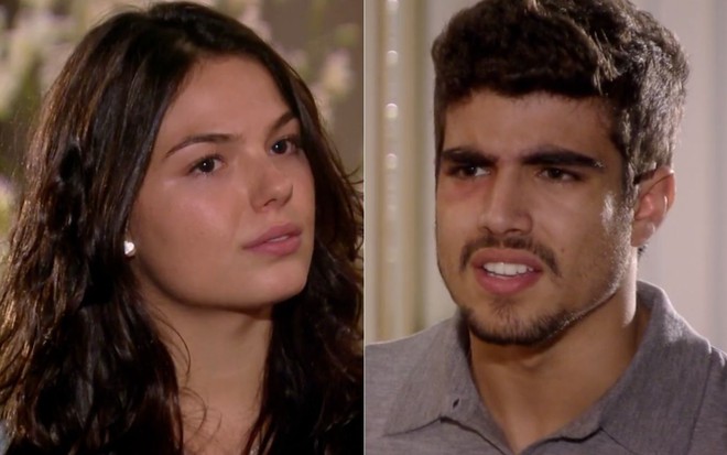 Montagem com os atores Isis Valverde e Caio Castro em cena de Ti Ti Ti