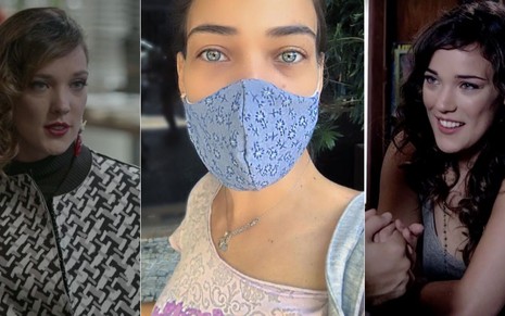 Montagem de fotos da atriz Adriana Birolli na novela Totalmente Demais (à esquerda), de máscara em foto publicada no Instagram (centro), e na novela Fina Estampa